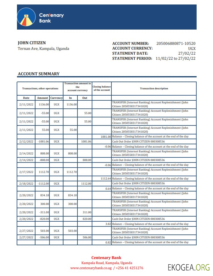 Relevé bancaire du centenaire de l'Ouganda